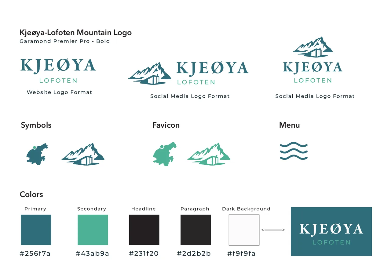 Kjeøya-logoen med fjell og hytte, symboler og fargepalett