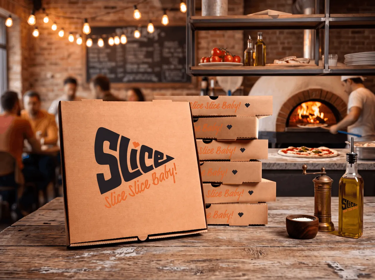 Slice Pizza: En logo formet som et pizzastykke: enkel, original og lett å kjenne igjen.